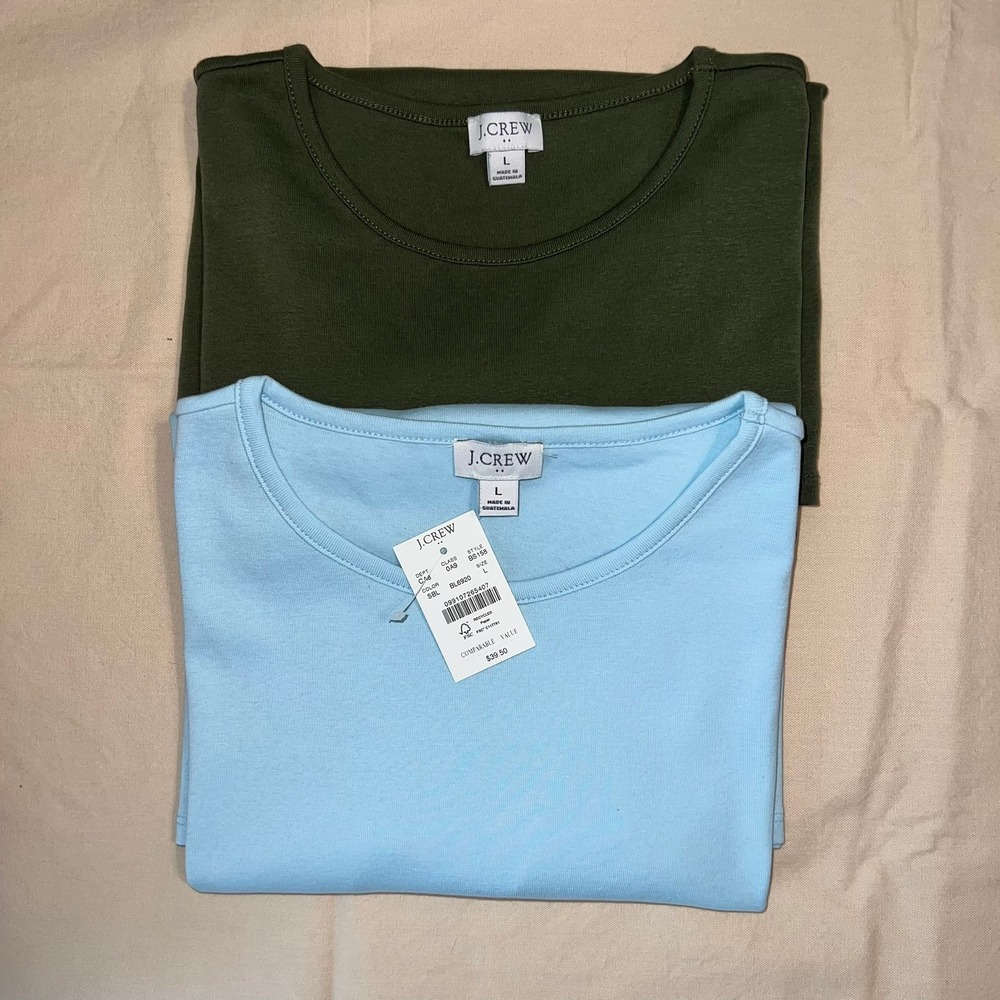 NWT J.Crew Factory Ribbed Cotton Tee Size L BS158 2 Pack Olive Green / Sky Blue - Picture 1 of 4